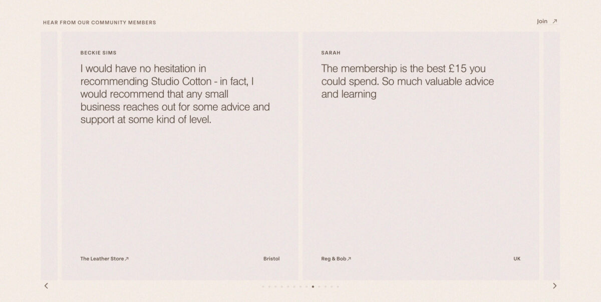 Screenshot of testimonials from our community page featuring a tiny location credit in the bottom corner