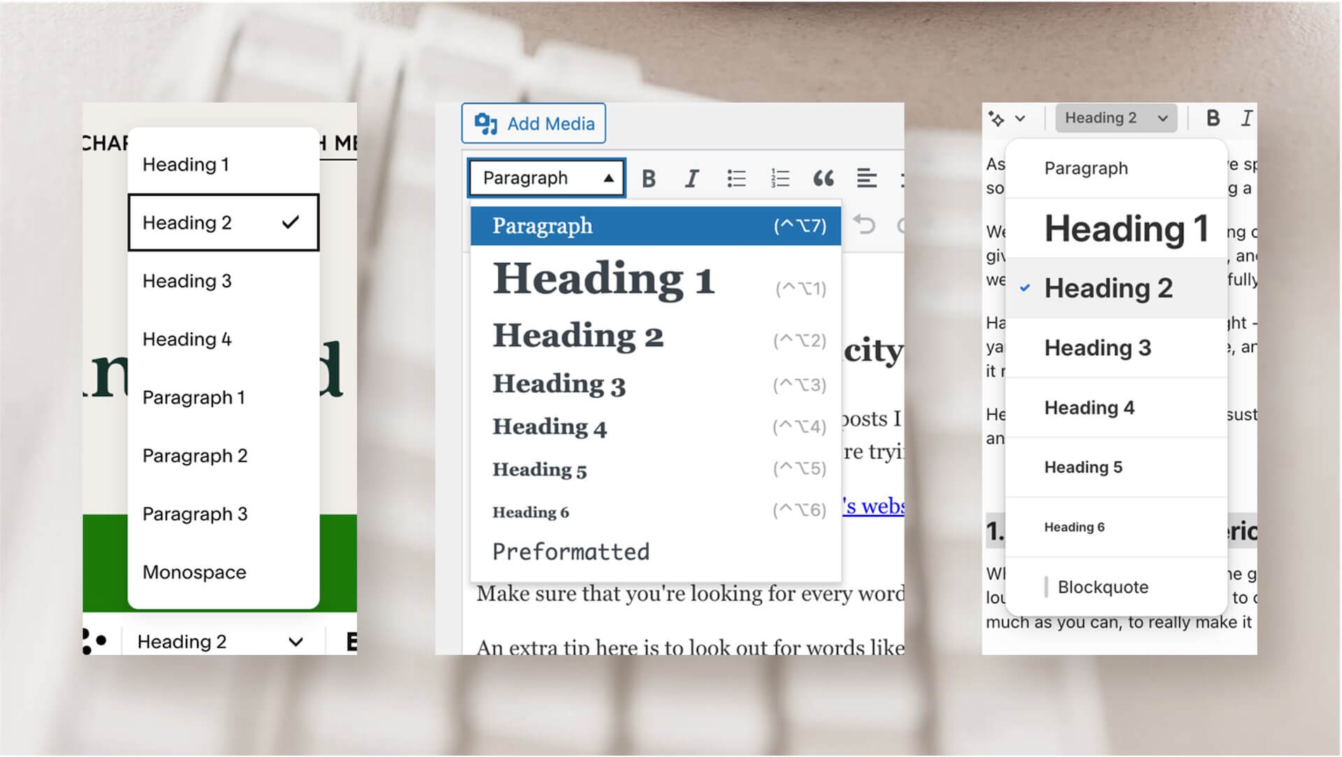 Screenshots of heading selectors on Squarespace, WordPress and Shopify