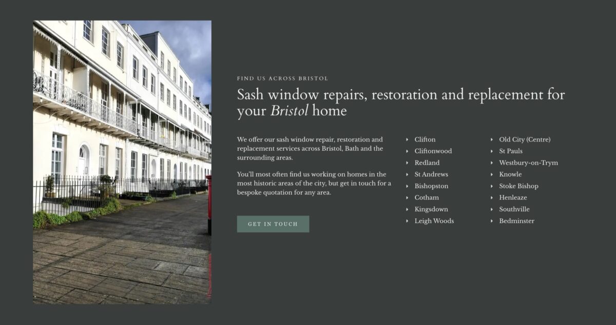 Screenshot: New life sash windows with a list of Bristolian suburbs